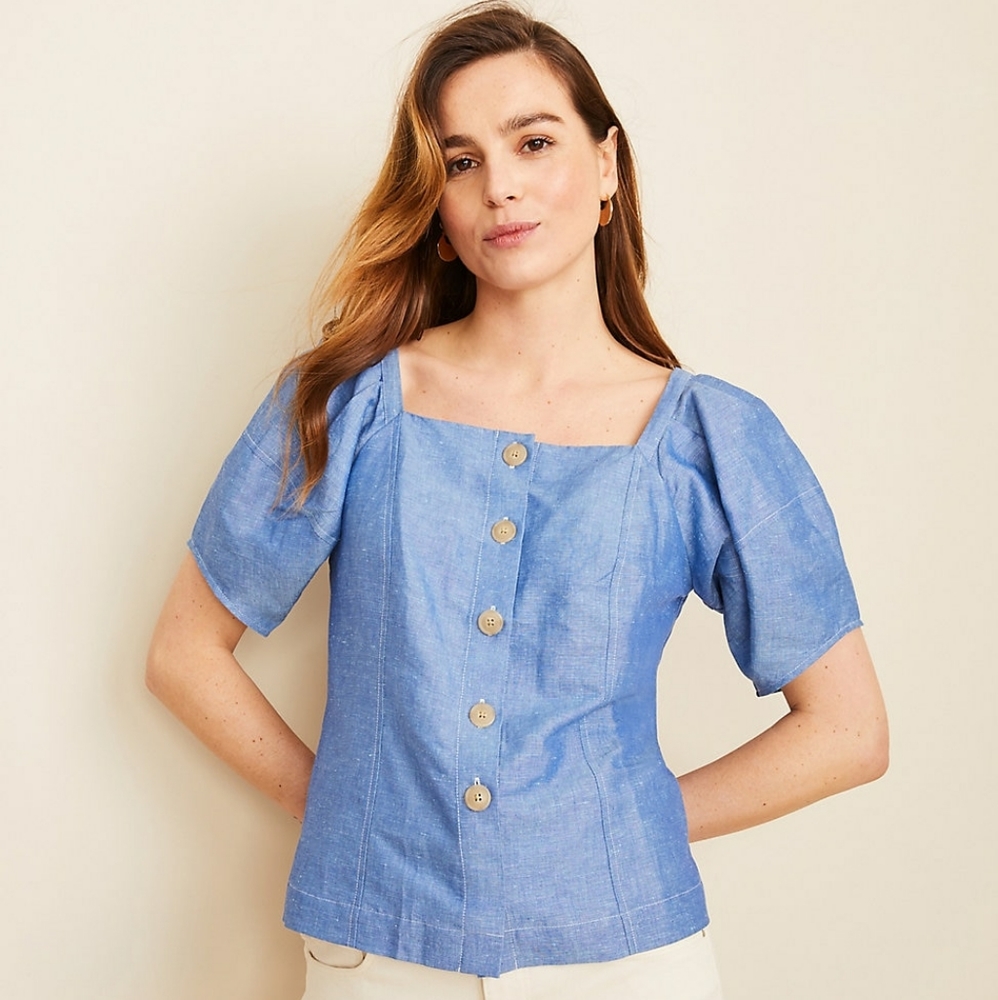 🆕💲 SALE 💲 Stylish Chambray Puff Sleeve Top - Picture 2 of 4